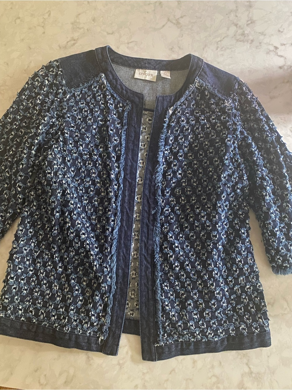 Chico's 0 Blue denim Textured Open-Front  Jacket